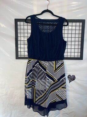 AB Studio Navy and Yellow Patterned High-Low Dress